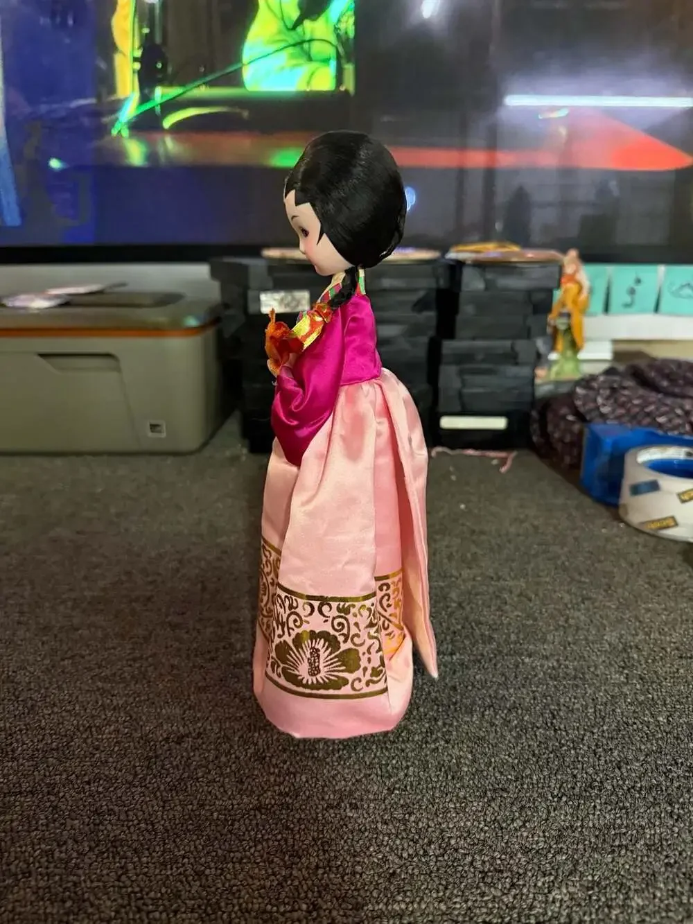 Vintage Traditional Korean Hanbok Doll with Big Eyes on Display Base